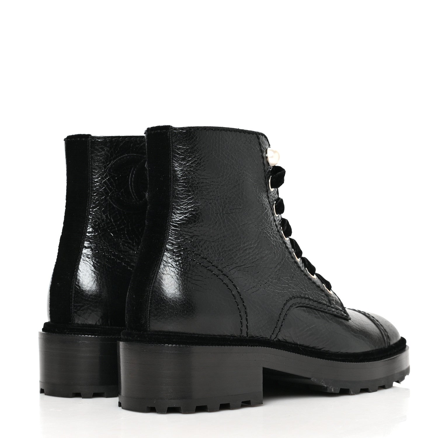 Chanel Shiny Calfskin Velvet Pearl Combat Short Boots 36.5 Black 4 of 7