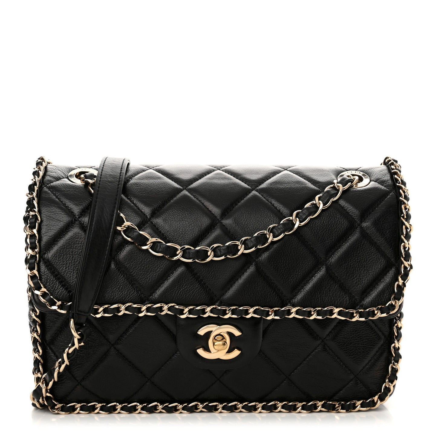 Crumpled Calfskin Medium Chain All Over Flap Black