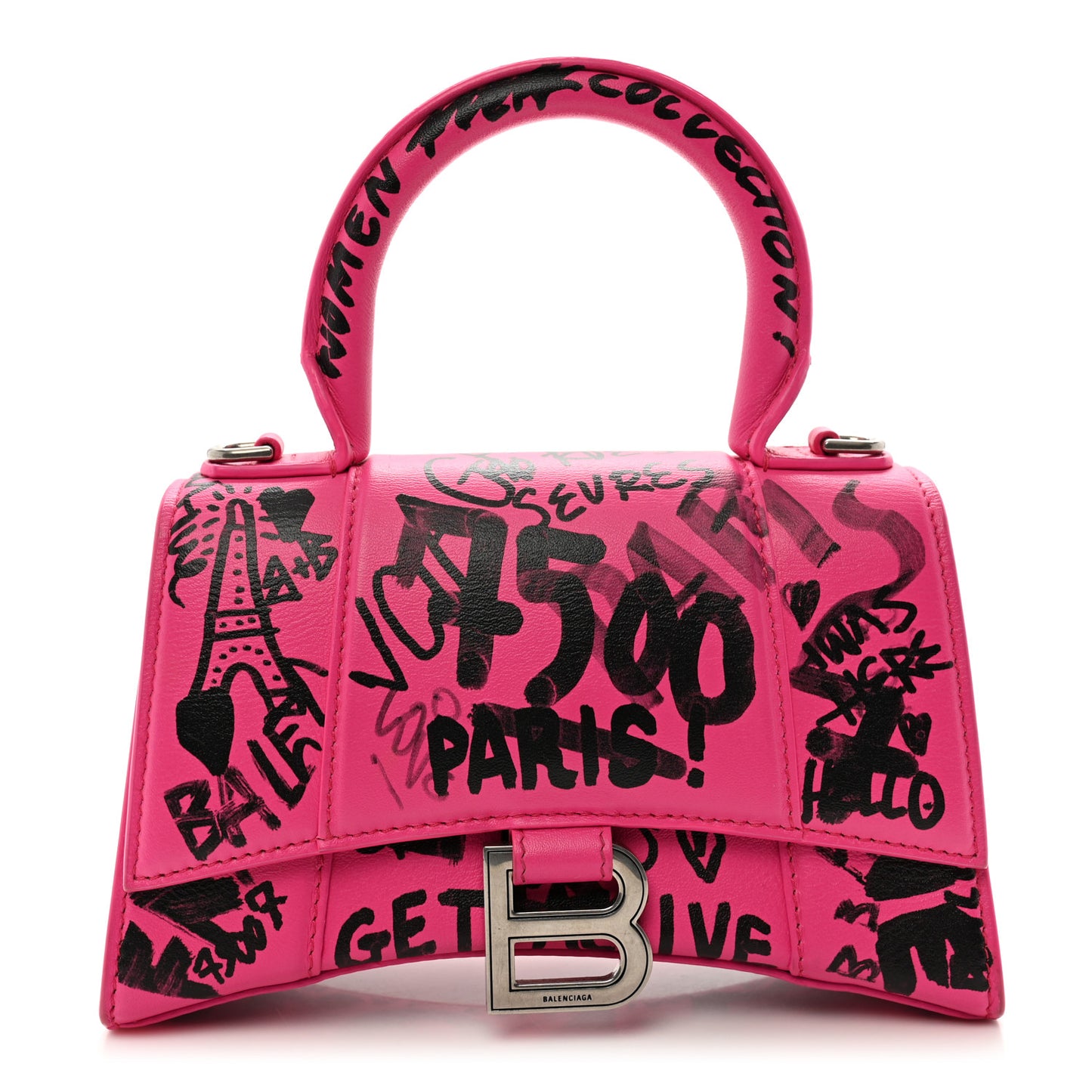 Smooth Calfskin Graffiti Hourglass Top Handle Bag XS Acid Fuchsia Black