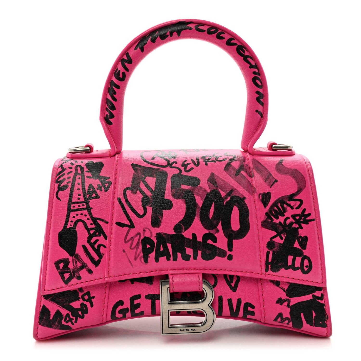 Balenciaga Smooth Calfskin Graffiti Hourglass Top Handle Bag XS Acid Fuchsia Black 1 of 9
