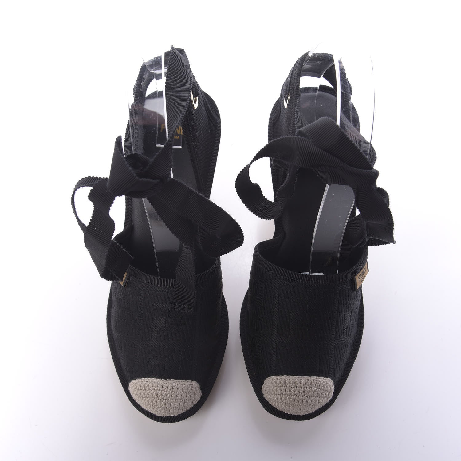 Fendi Canvas FF Embroidered Roma Ankle Wrap Espadrille Wedges 38 Black 5 of 9