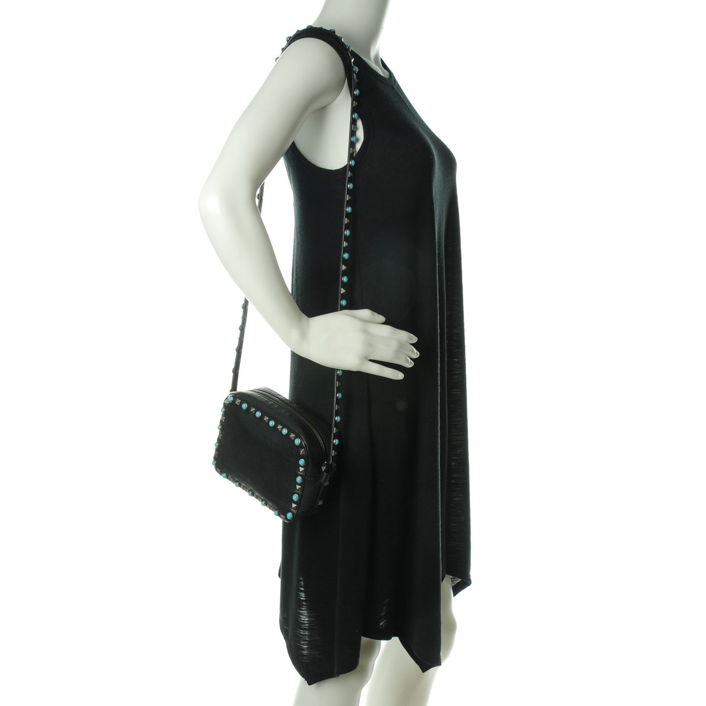 Grained Calfskin Turquoise Rockstud Rolling Camera Crossbody Bag Black