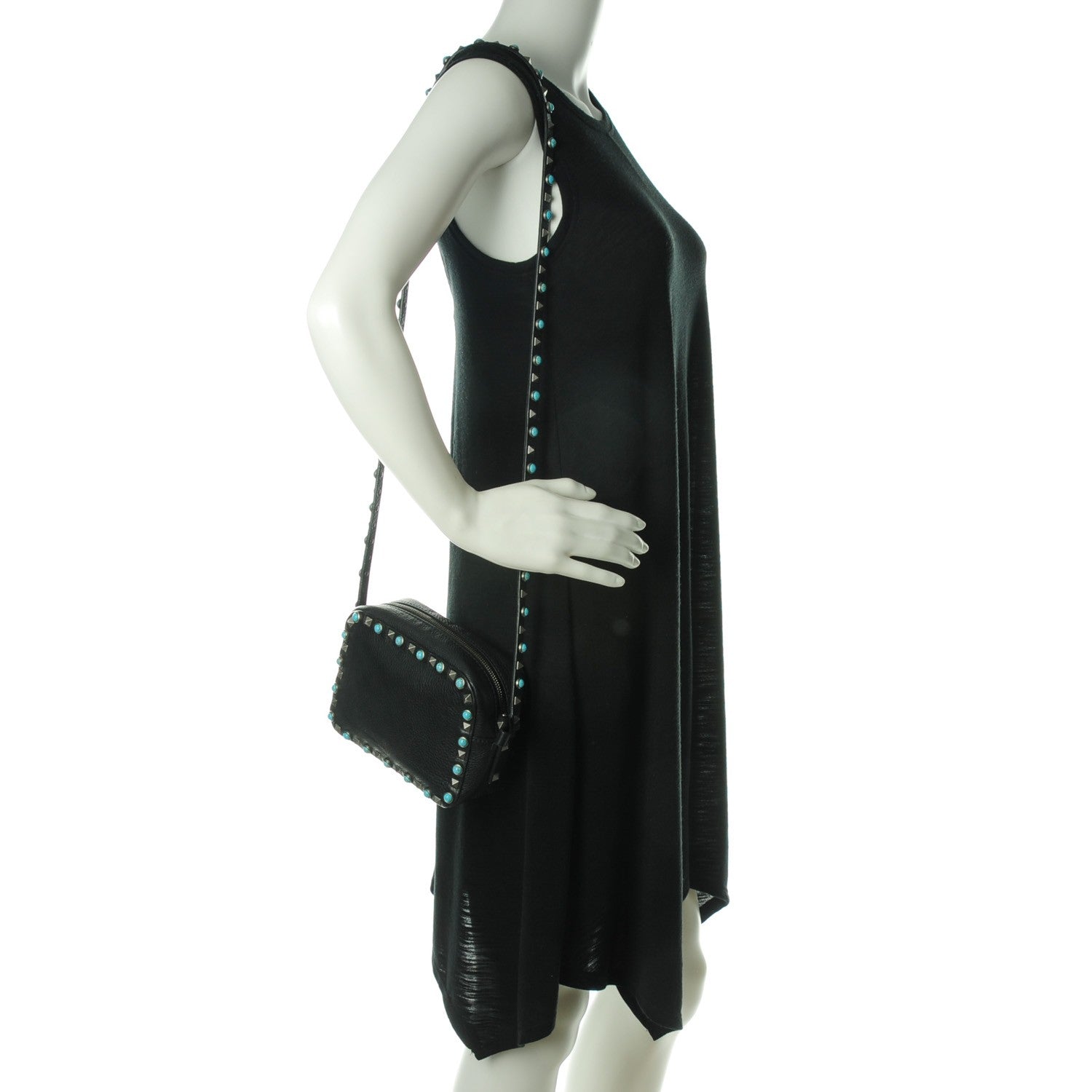 Valentino Garavani Grained Calfskin Turquoise Rockstud Rolling Camera Crossbody Bag Black 2 of 7