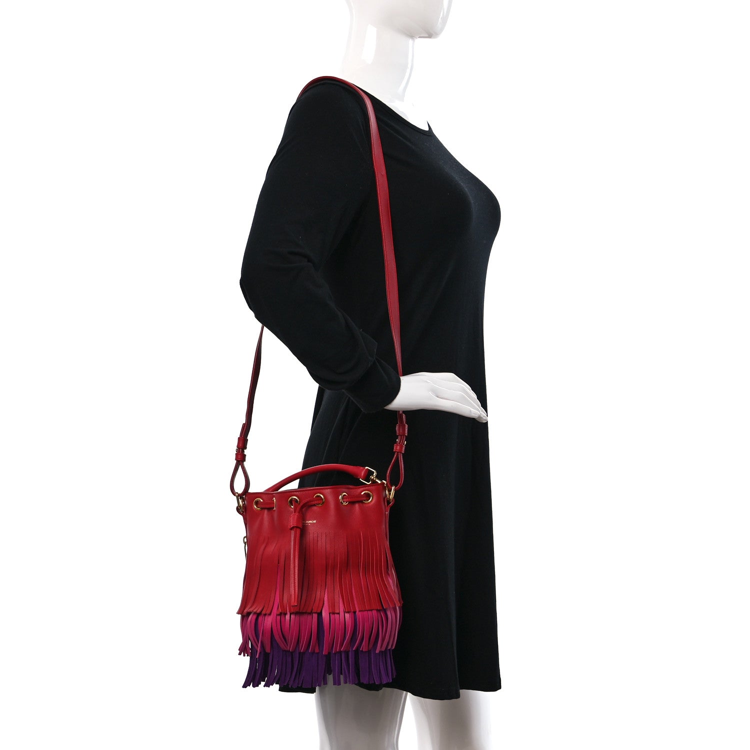 Saint Laurent Calfskin Tri-Color Small Emmanuelle Fringe Bucket Bag Red 2 of 9
