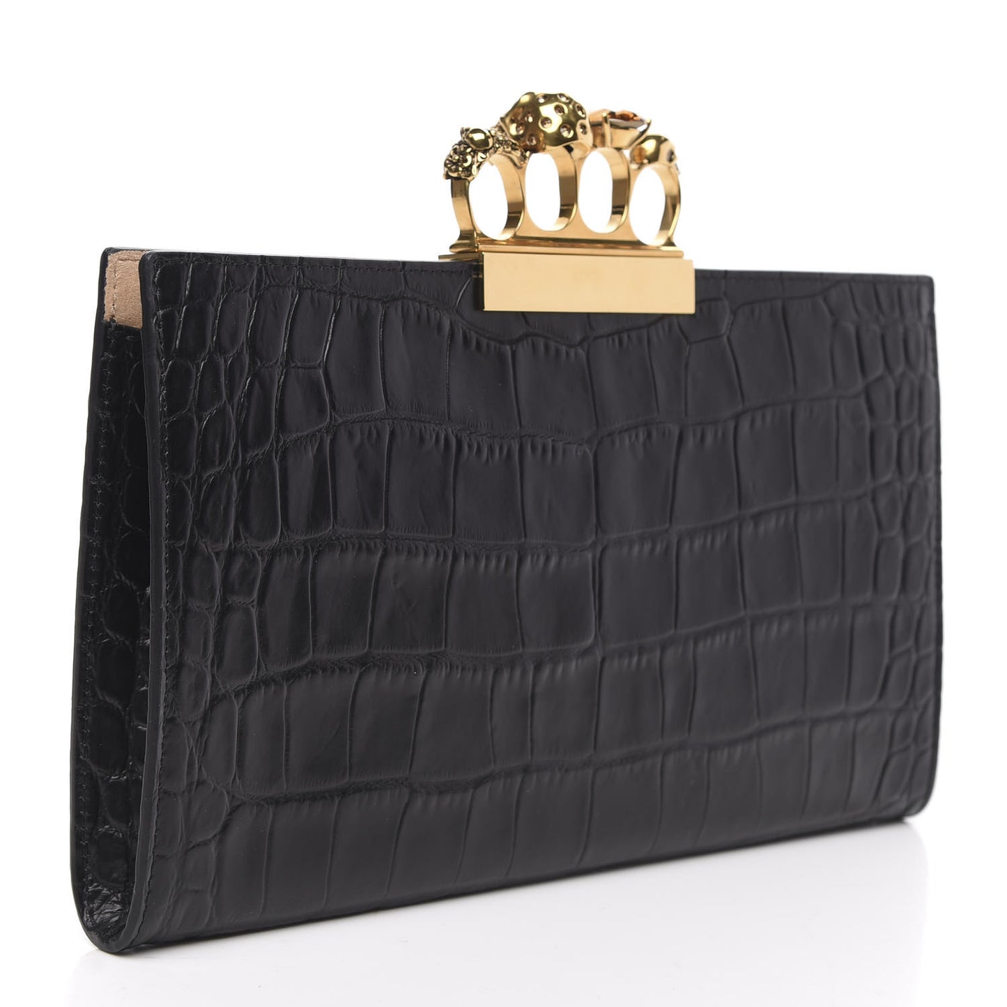 Calfskin Crocodile Embossed Knuckle Flat Clutch Black
