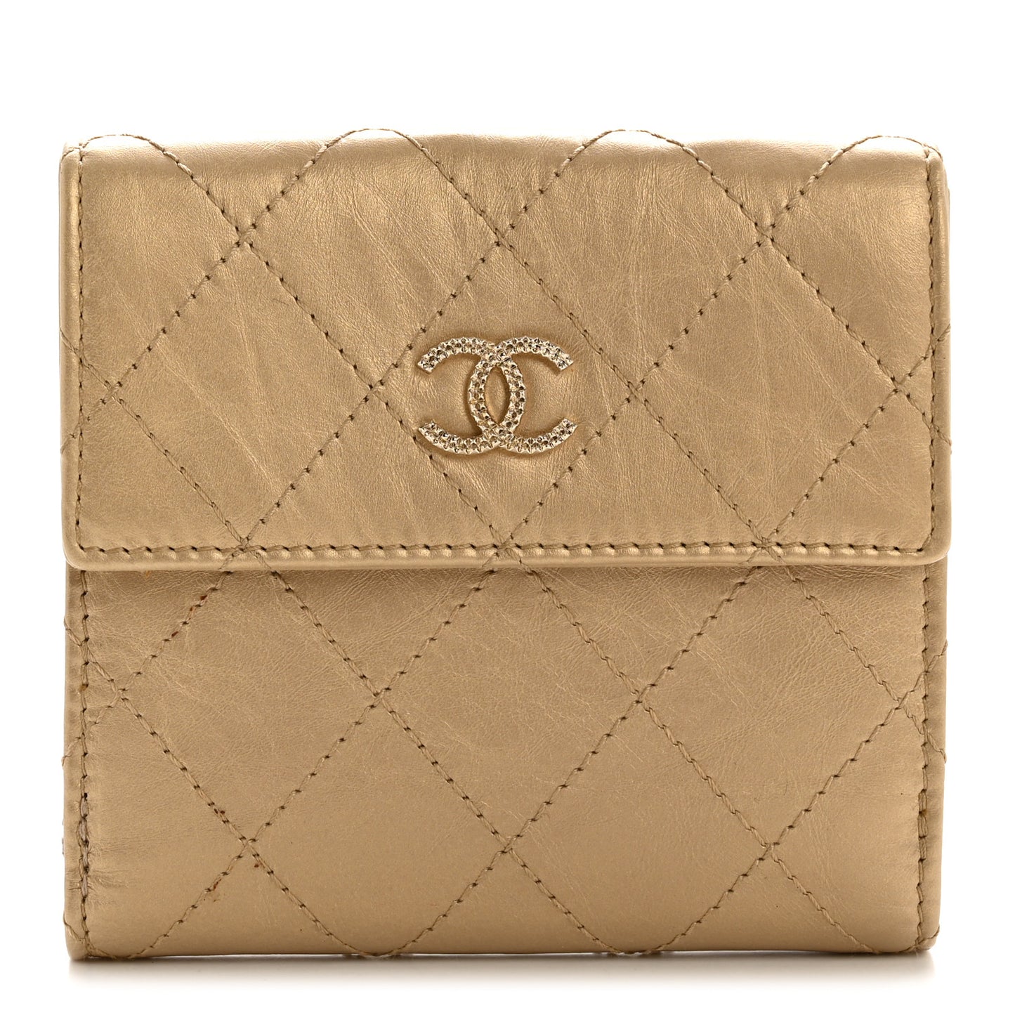 Metallic Calfskin Diamond Stitch Compact French Flap Wallet Gold Rose