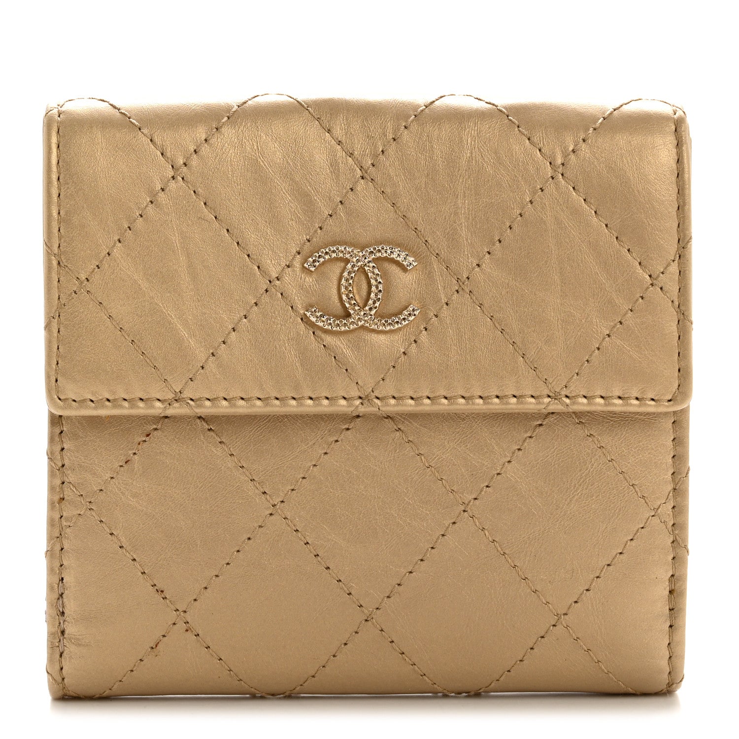 Chanel Metallic Calfskin Diamond Stitch Compact French Flap Wallet Gold Rose 1 of 9