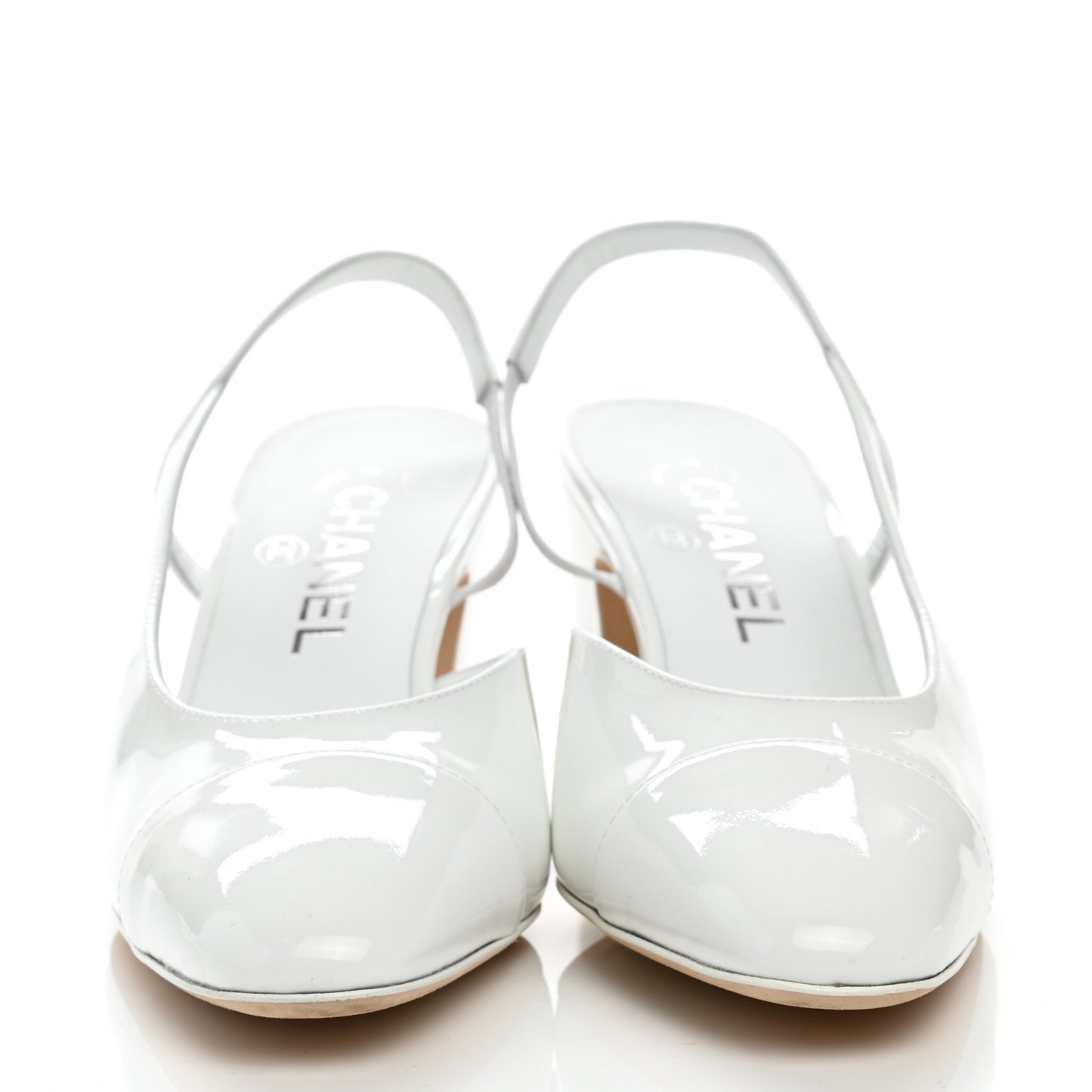 Patent Calfskin Cap Toe CC Slingback Pumps 37 White