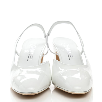Chanel Patent Calfskin Cap Toe CC Slingback Pumps 37 White 2 of 8