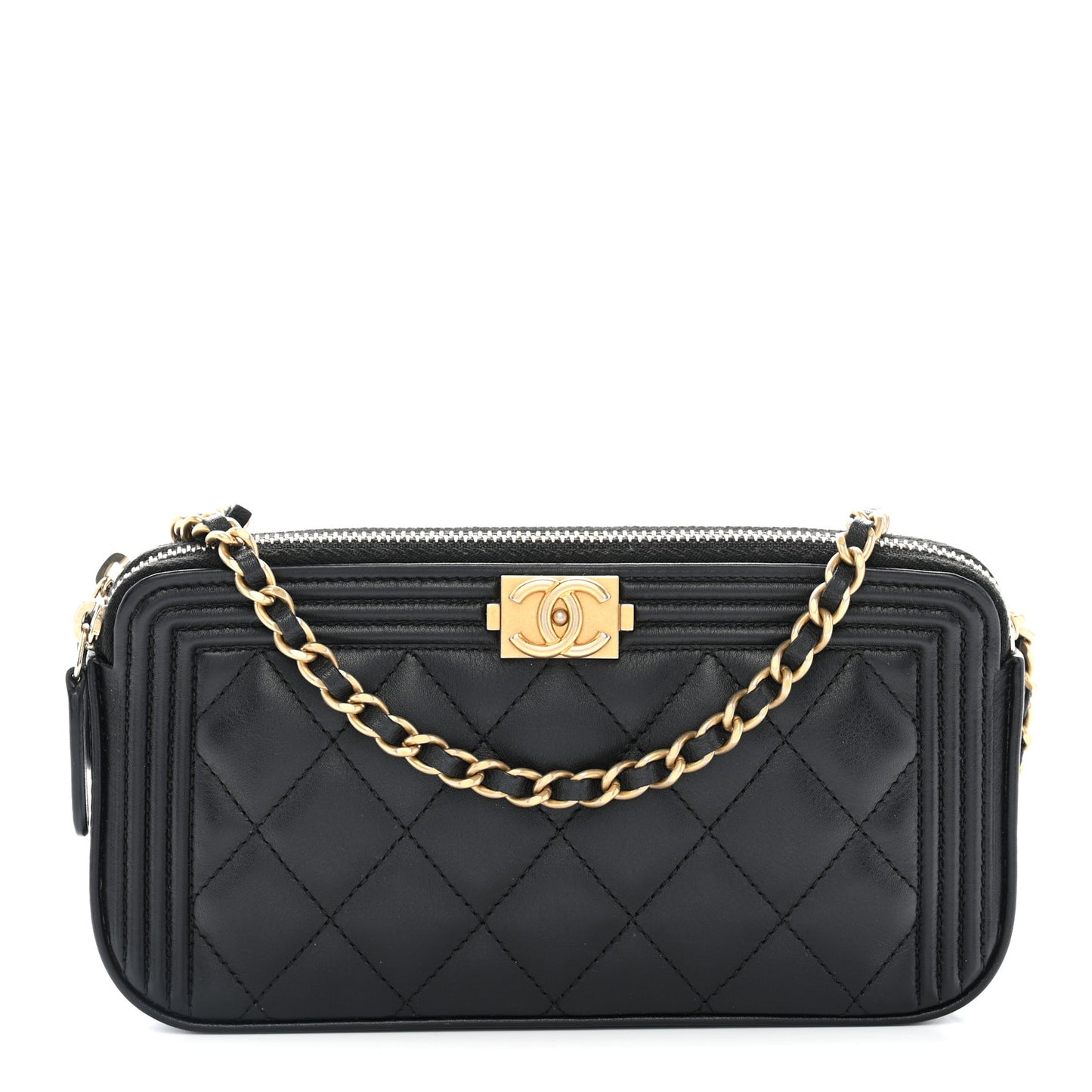 Lambskin Quilted Small Boy Clutch With Chain Black