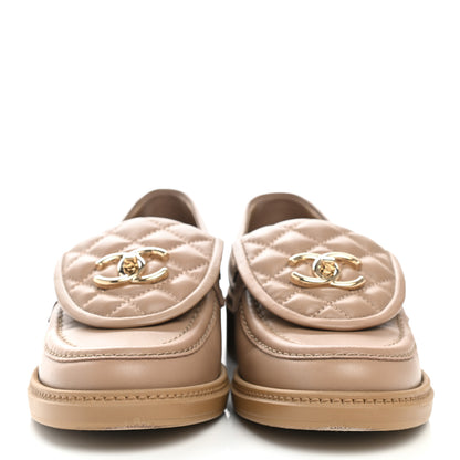 Chanel Lambskin Quilted CC Turnlock Loafers 37.5 Beige 2 of 9