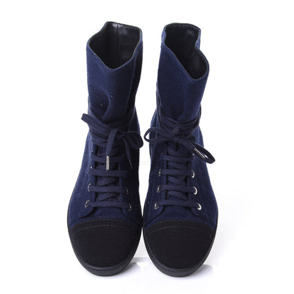 Chanel Jersey Lace Up High Top Sneakers 38.5 Black Navy 5 of 10