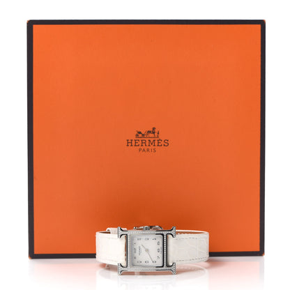 Hermes Stainless Steel Alligator Diamond Bezel Mother of Pearl 21mm Heure H Hour Quartz Watch Blanc 5 of 5