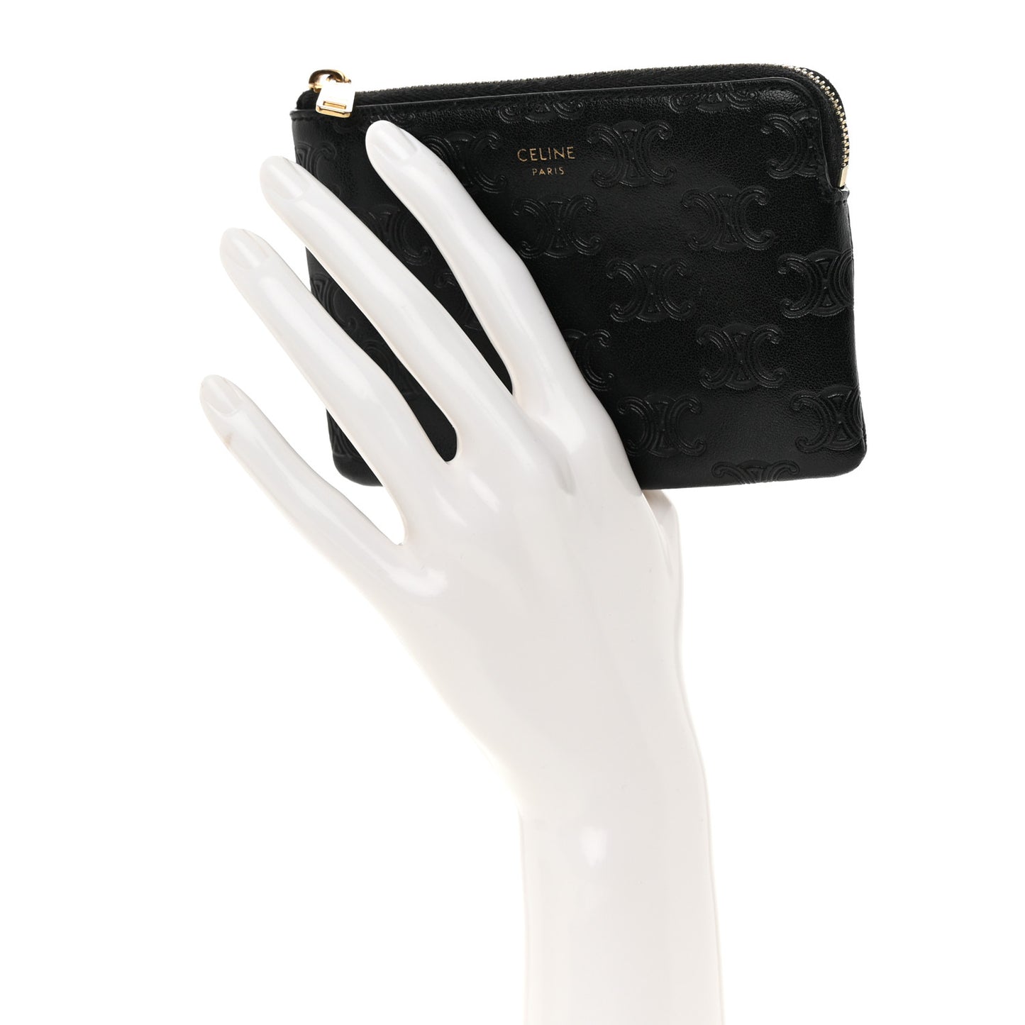 Smooth Calfskin Triomphe Embossed Coin and Card Pouch Black