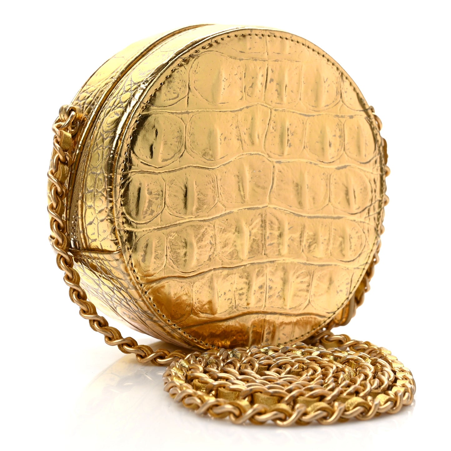 Metallic Calfskin Crocodile Embossed Cocodile Round Clutch with Chain Gold