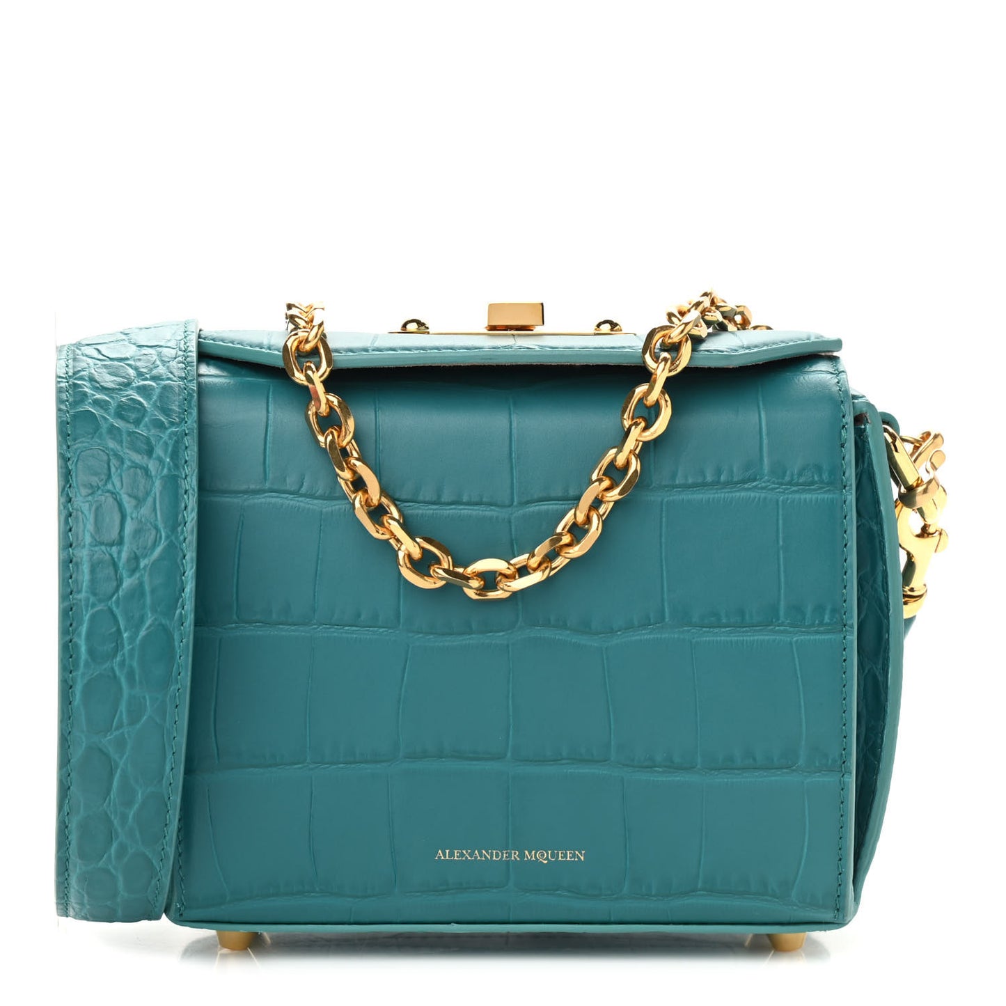 Calfskin Crocodile Embossed Box Shoulder Bag 16 Green