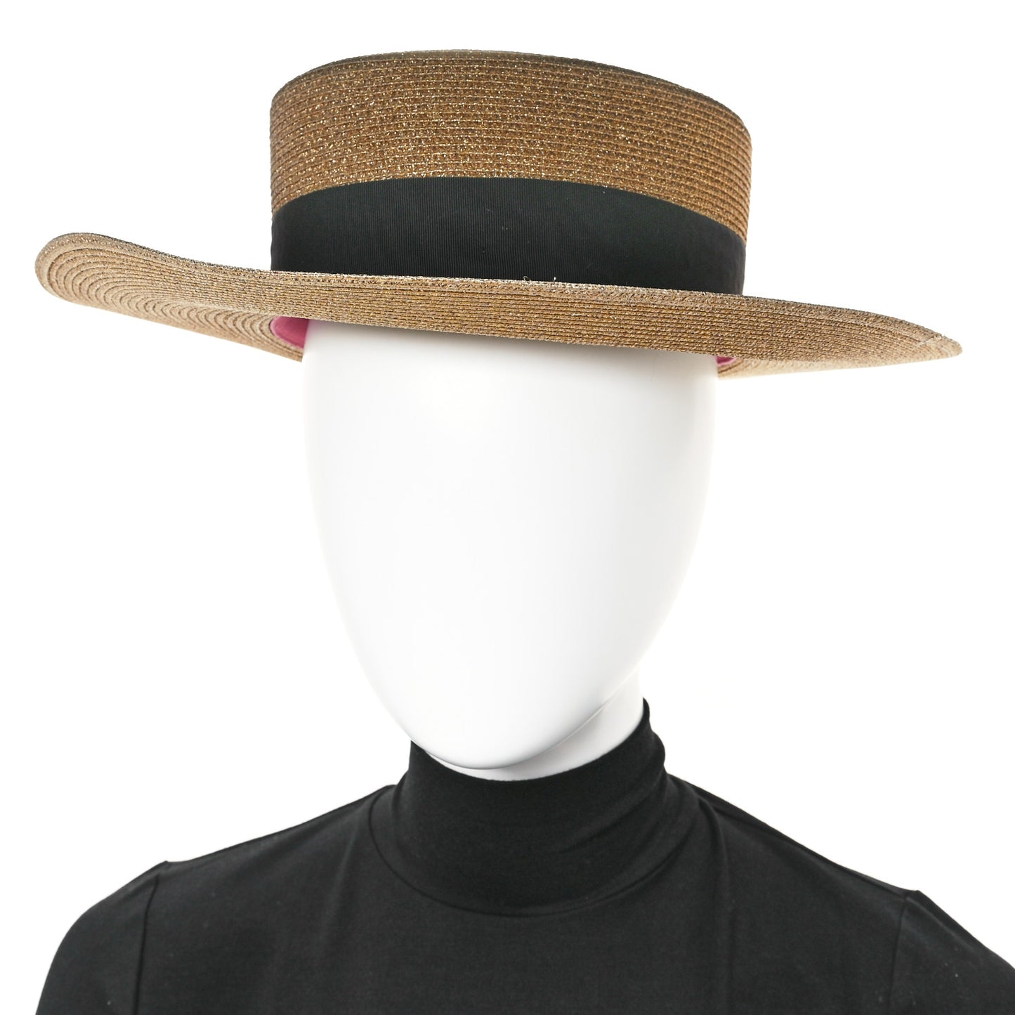 Glittered Straw Grosgrain Wide Brim Hat M Gold Black