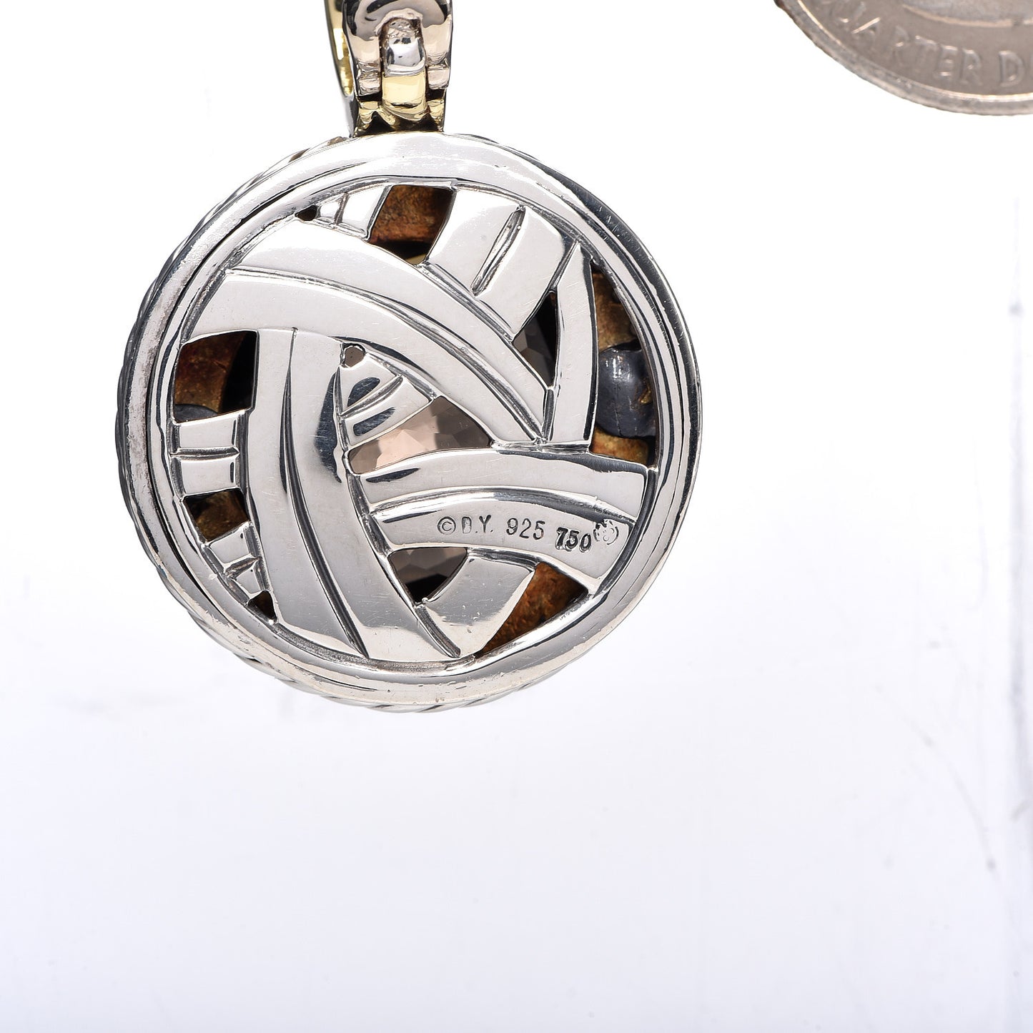 Sterling Silver 18K Yellow Gold Diamond Smoky Quartz 18mm Albion Round Enhancer Pendant