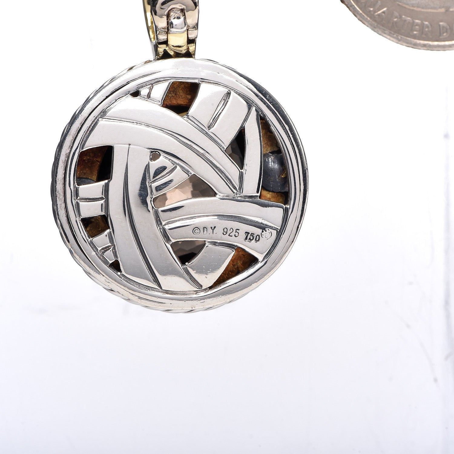 David Yurman Sterling Silver 18K Yellow Gold Diamond Smoky Quartz 18mm Albion Round Enhancer Pendant 3 of 6