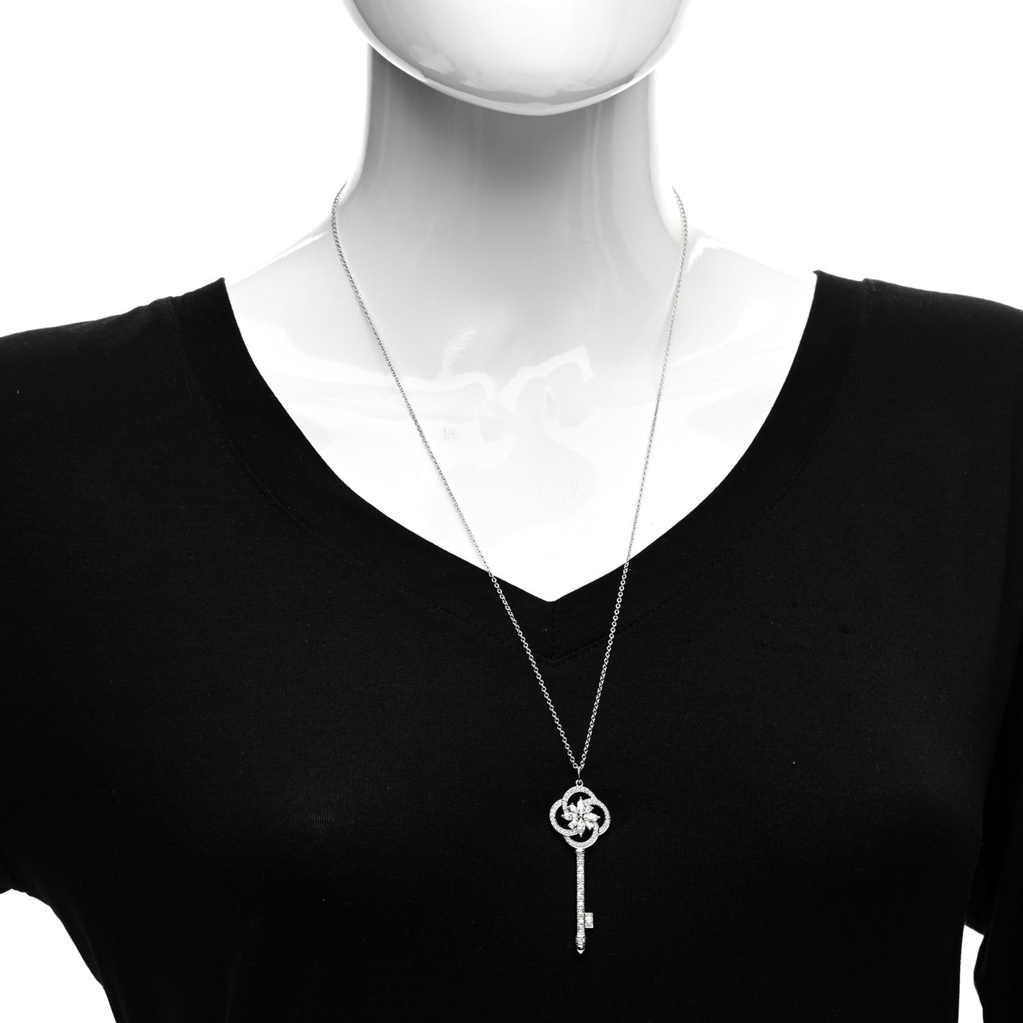 Platinum 18K White Gold Diamond Victoria Cluster Key Pendant Necklace