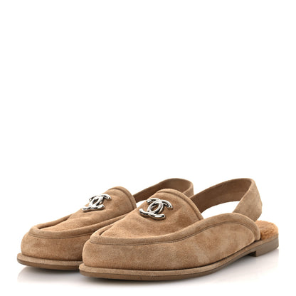 Chanel Suede Calfskin CC Slingback Loafers 38.5 Dark Beige 4 of 10
