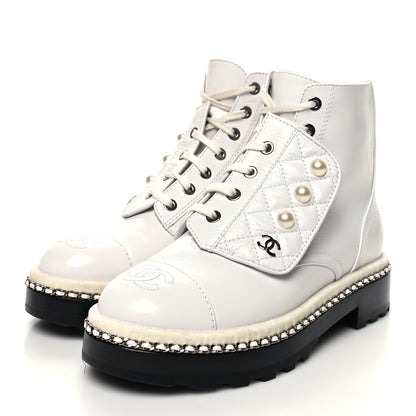 Chanel Crackled Calfskin Pearl Chain CC Combat Short Boots 35.5 White 3 of 10