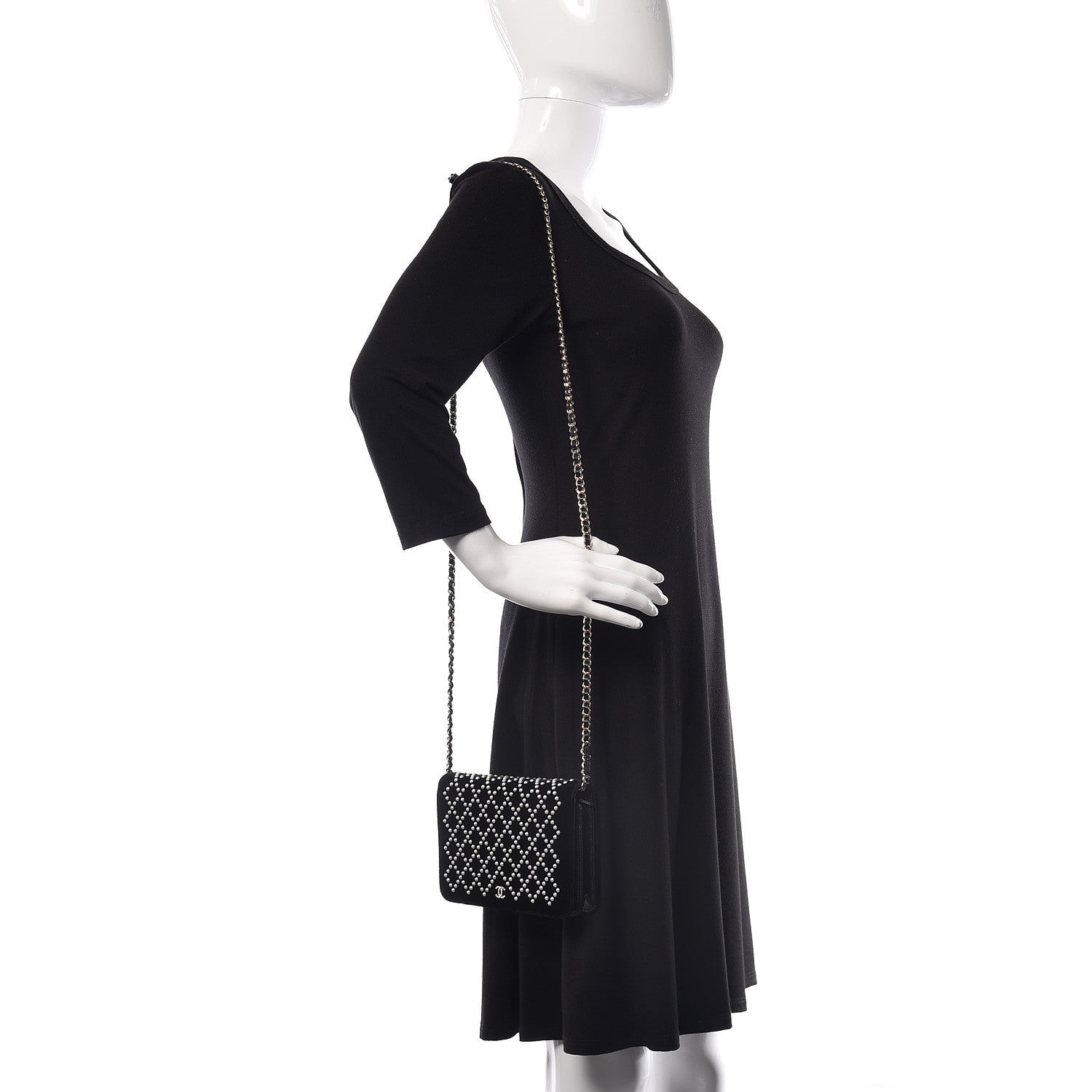 Chanel Velvet Pearl Diamond Embellished Wallet On Chain WOC Black 2 of 19
