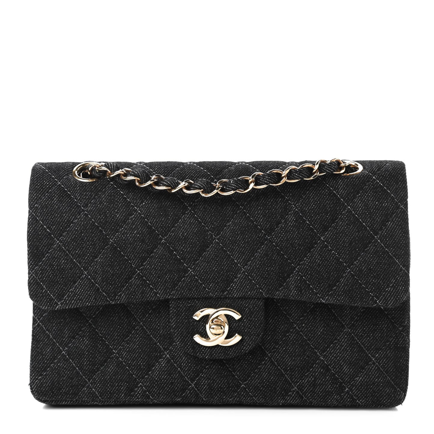 Denim Quilted Small Double Flap Black
