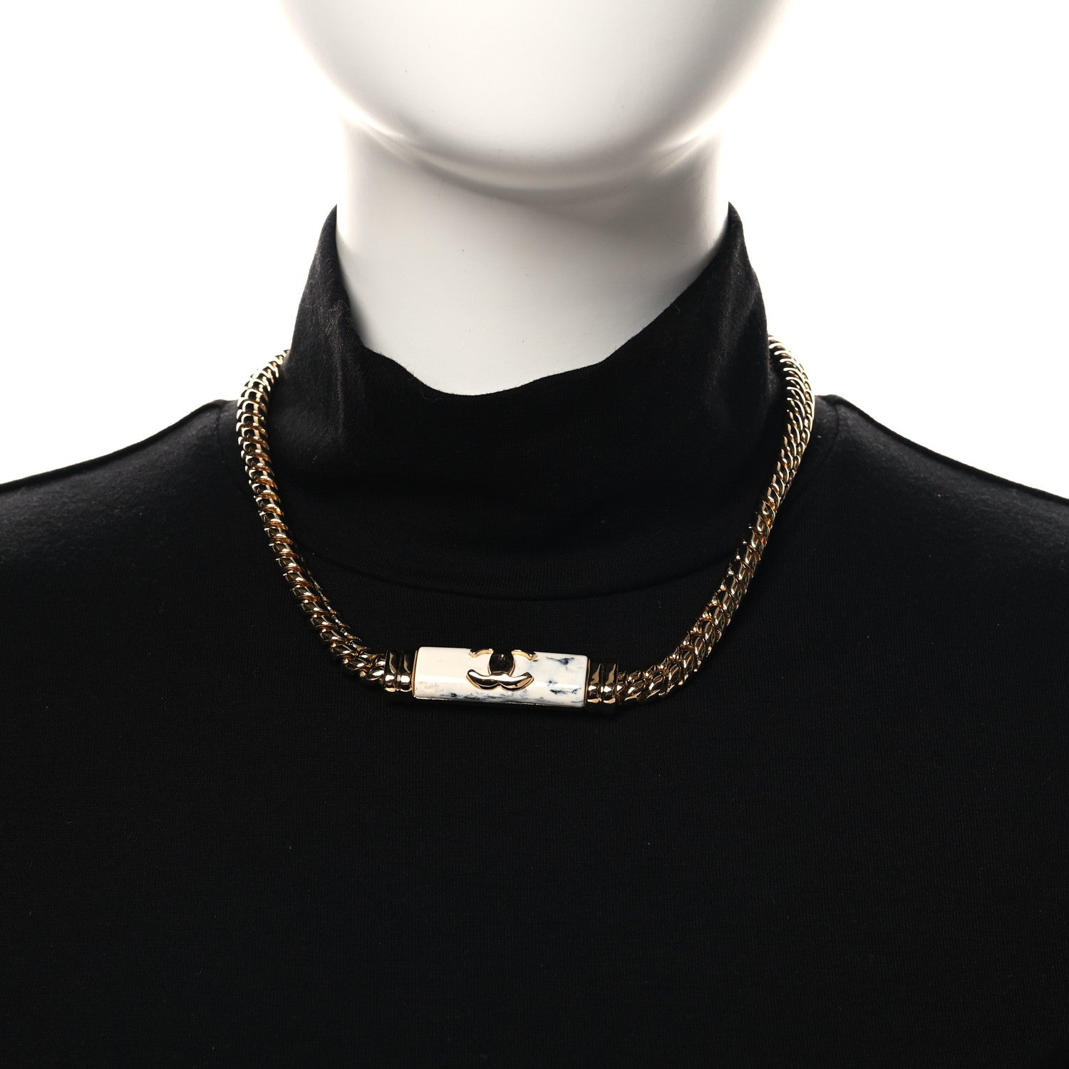 Chanel Metal Marble CC Chain Choker Necklace Gold White Gray 2 of 5