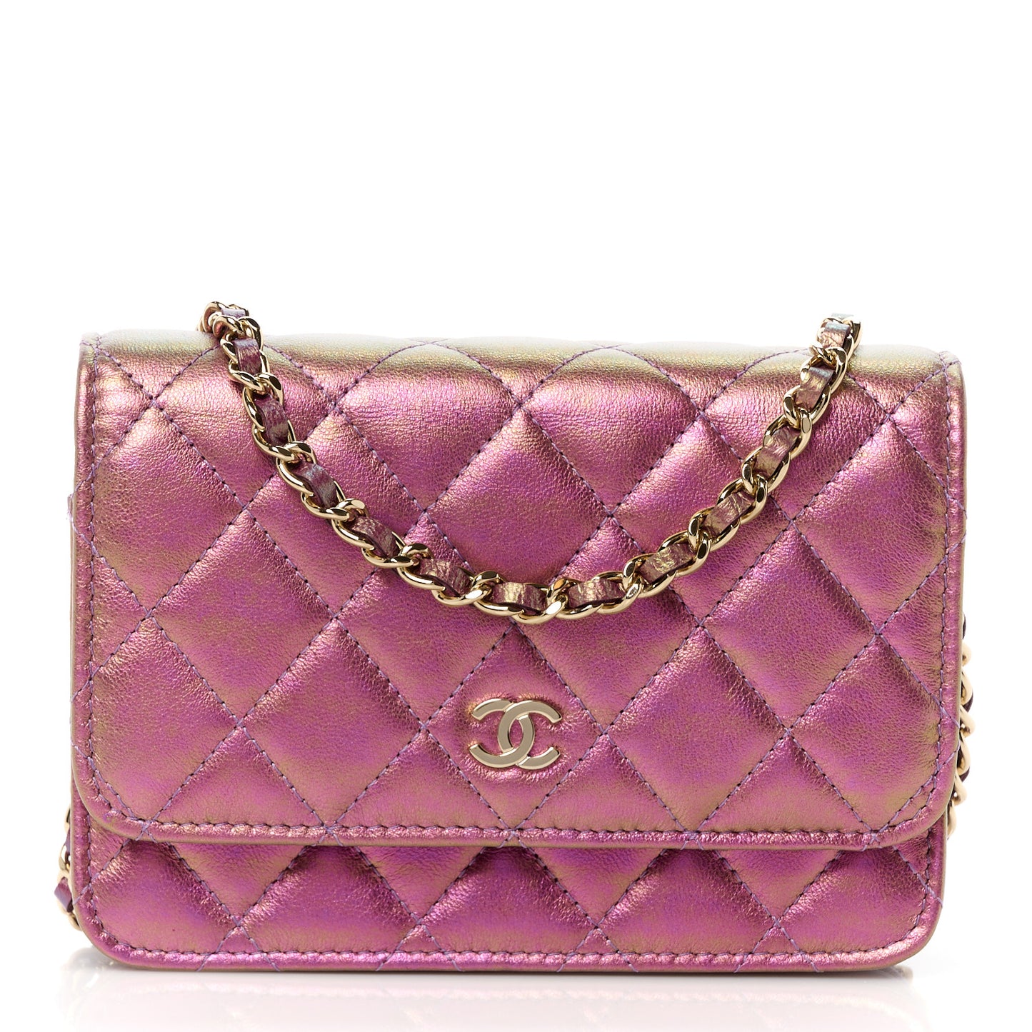 Iridescent Lambskin Quilted Mini Wallet On Chain WOC Purple