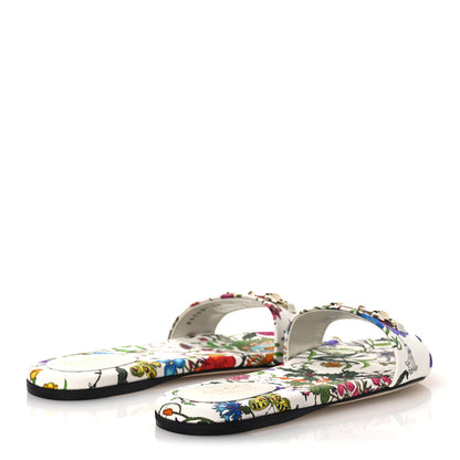 Gucci Canvas Flora Print Horsebit Slide Sandals 38 White 5 of 11