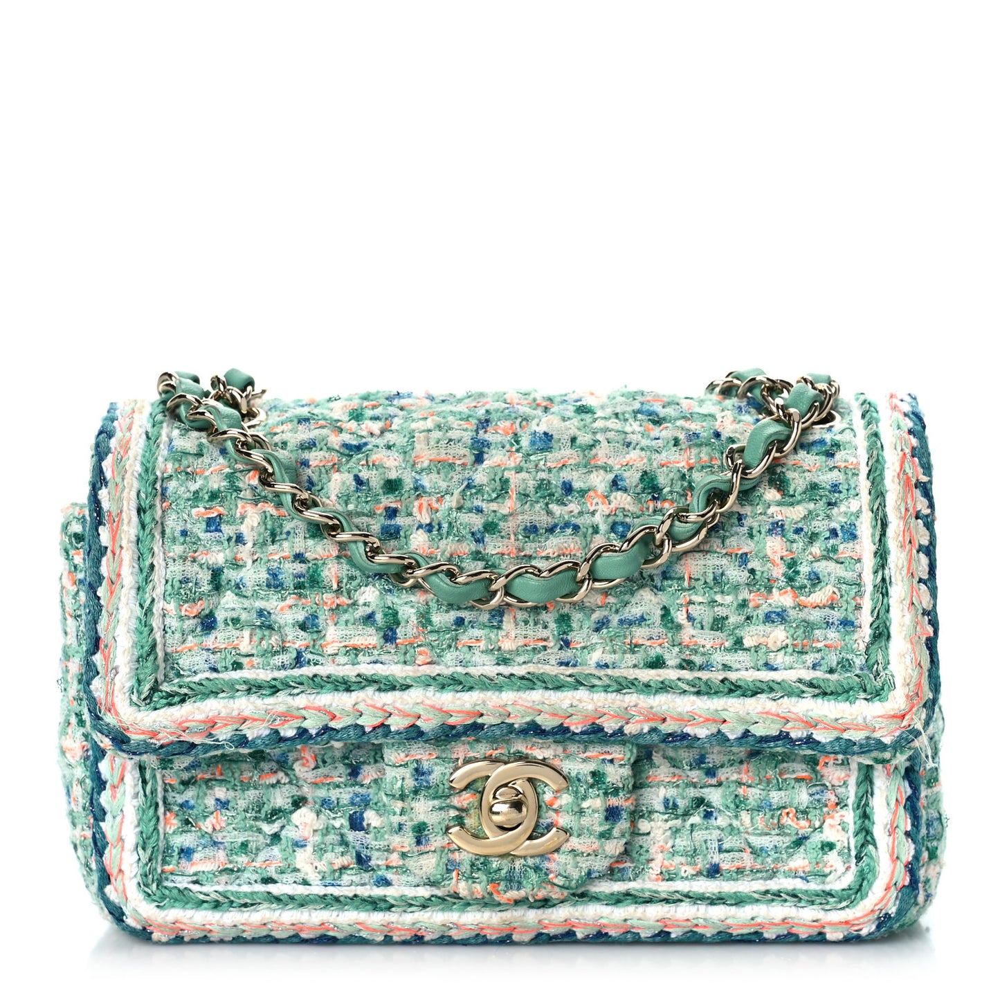 Tweed Quilted Mini Flap Green White Orange