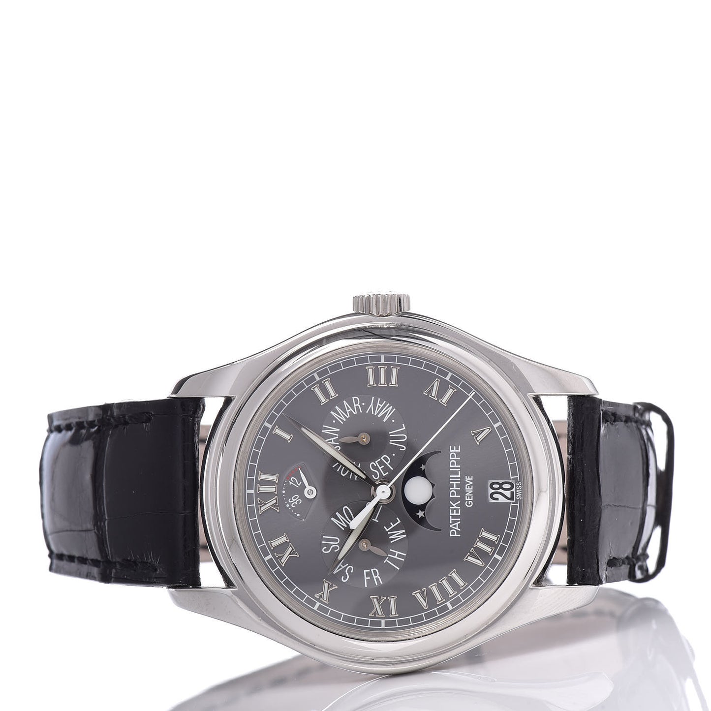 Platinum Alligator 37mm Annual Calendar Moonphase Automatic Watch Black 5056P-001