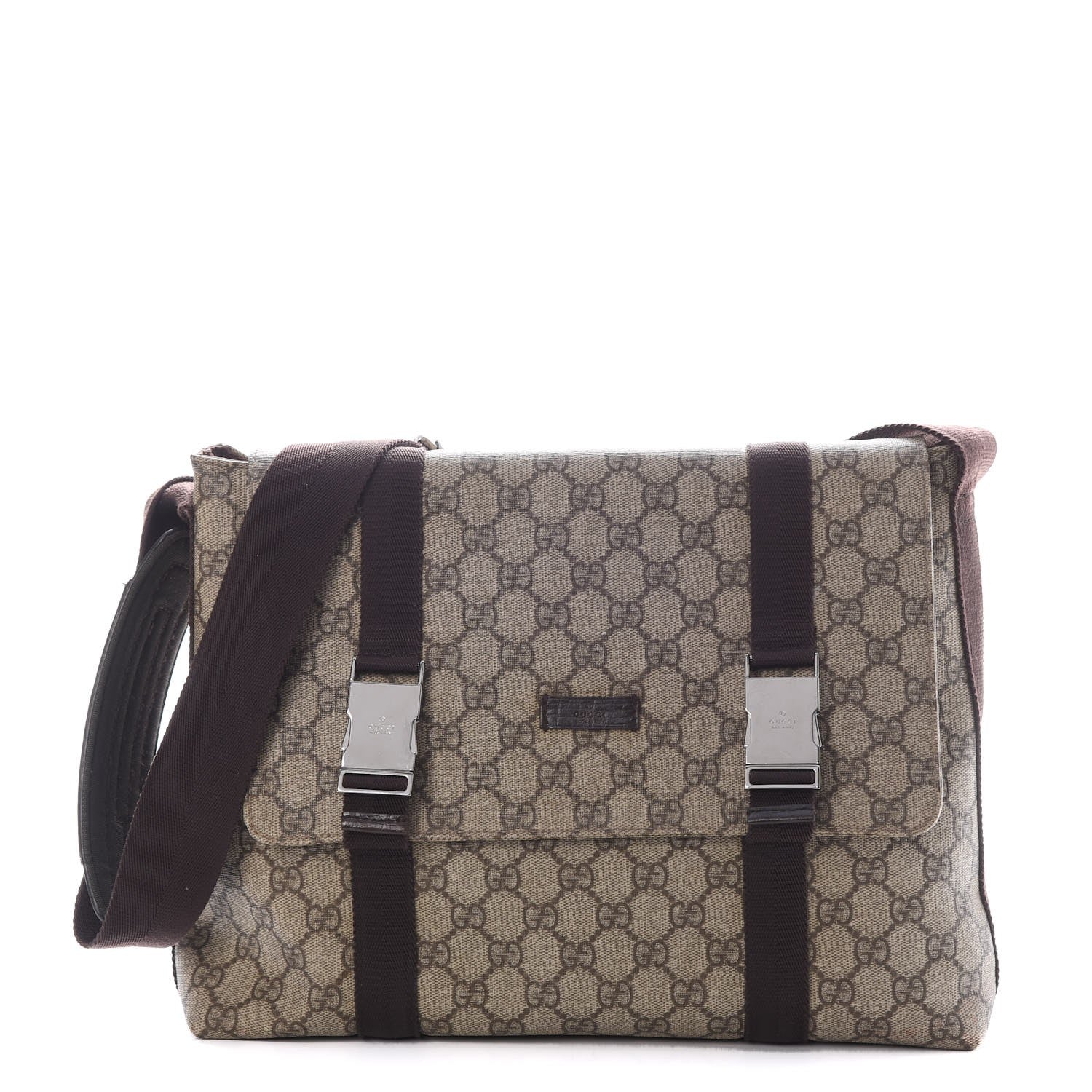 Gucci GG Plus Monogram Large Double Buckle Flap Messenger Bag Beige Dark Brown 1 of 12