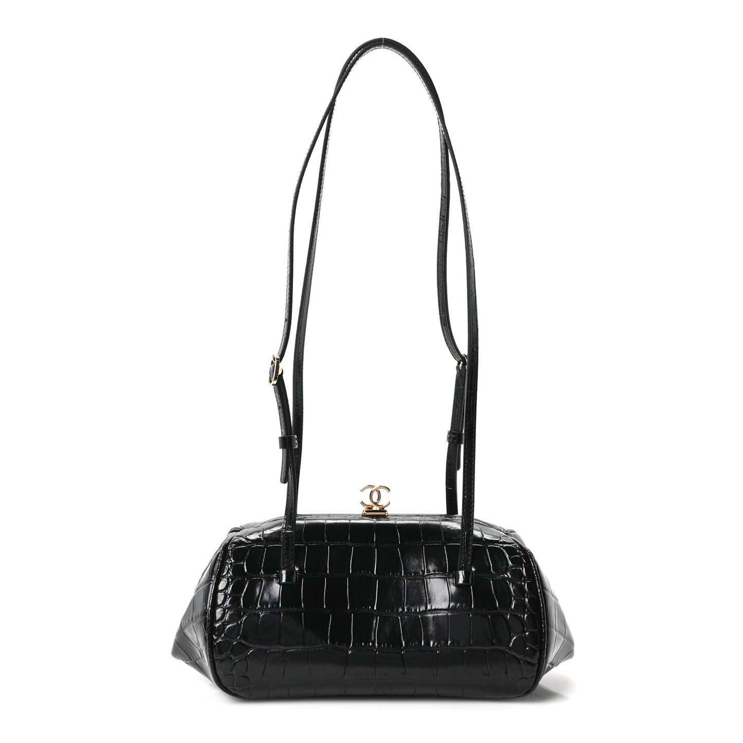 Calfskin Crocodile Embossed Pretty CC Clutch With Strap Black