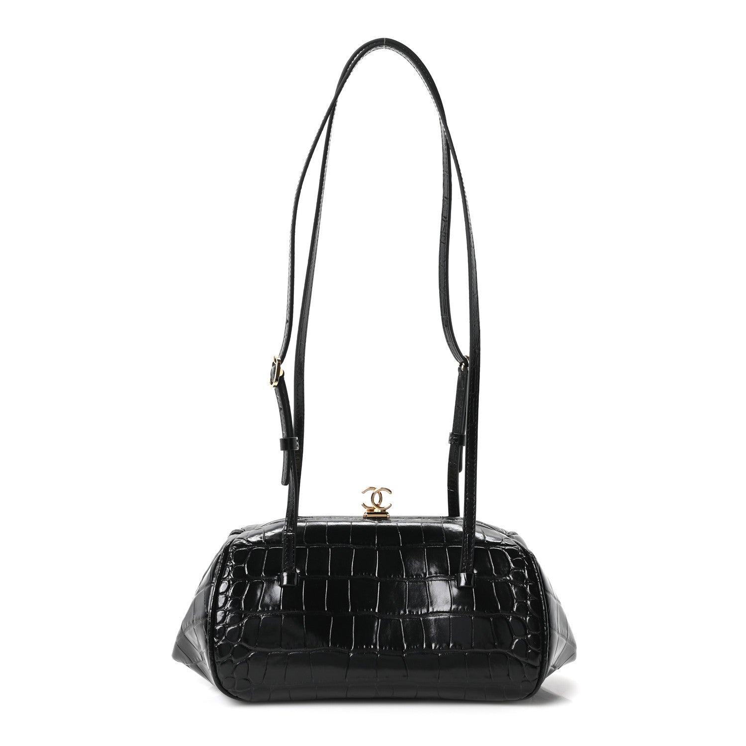 Chanel Calfskin Crocodile Embossed Pretty CC Clutch With Strap Black 1 of 10