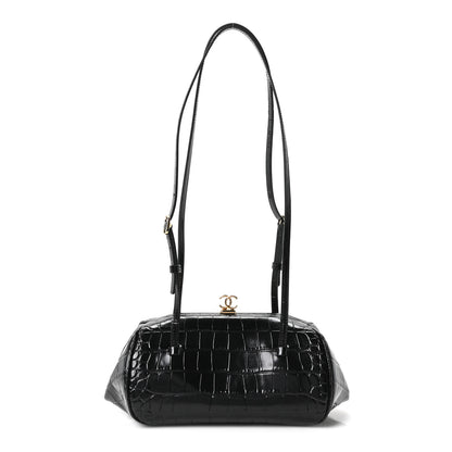 Chanel Calfskin Crocodile Embossed Pretty CC Clutch With Strap Black 1 of 10