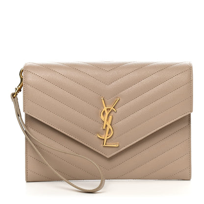Saint Laurent Grain De Poudre Matelasse Chevron Monogram Envelope Clutch Dark Beige 1 of 8