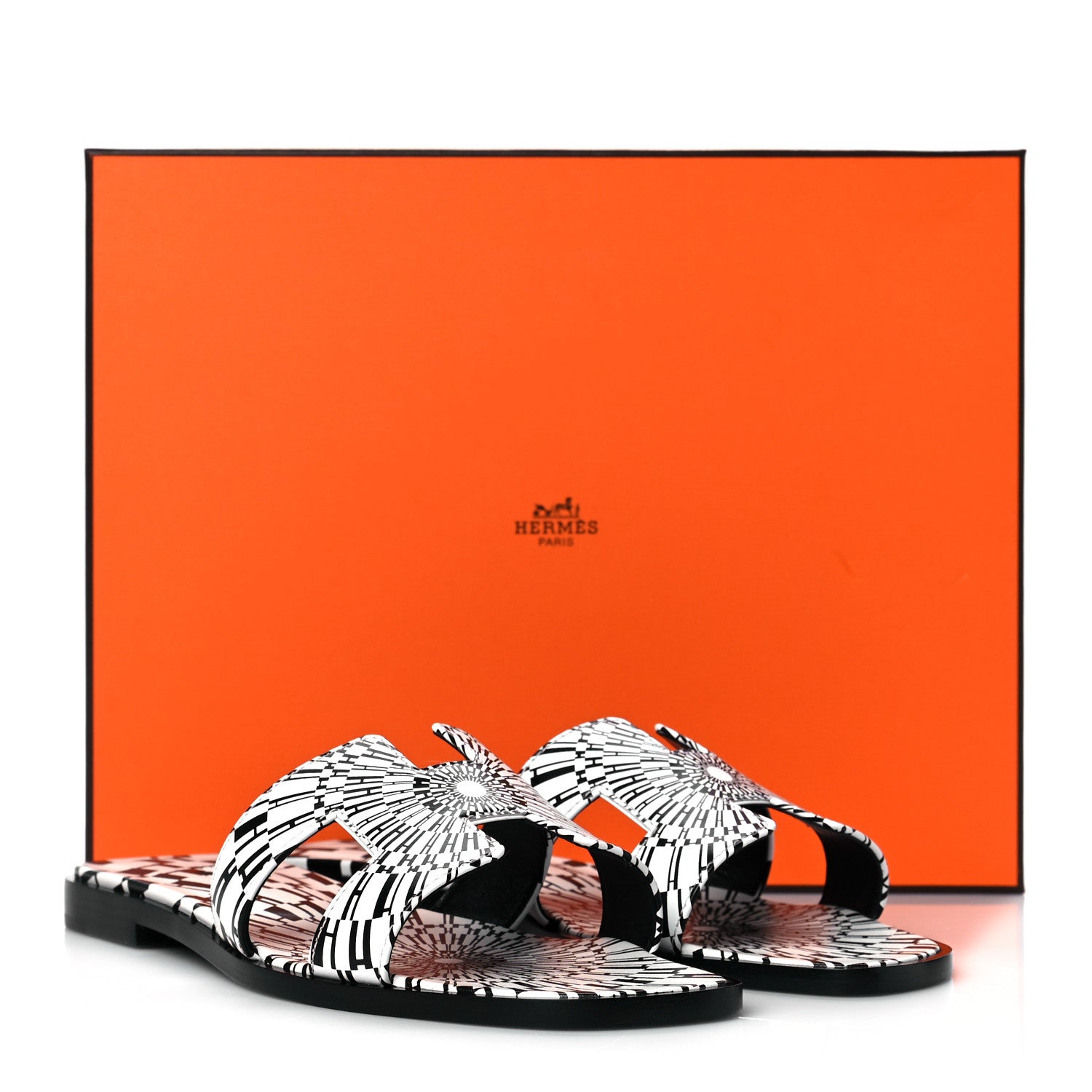 Hermes Calfskin Printed Op'H Oran Sandals 37 Black White 9 of 9
