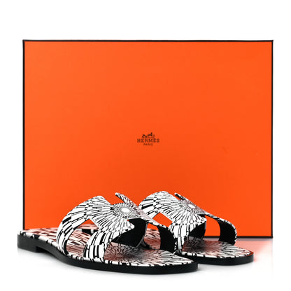 Hermes Calfskin Printed Op'H Oran Sandals 37 Black White 9 of 9