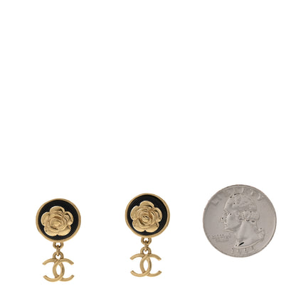 Chanel Metal Lambskin Camellia CC Drop Earrings Gold Black 2 of 4
