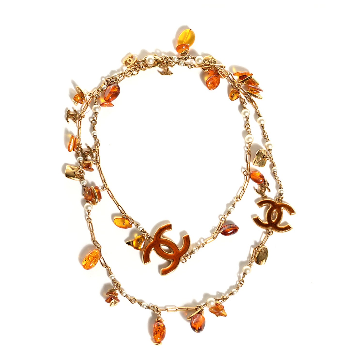 Pearl Beaded CC Long Necklace Gold