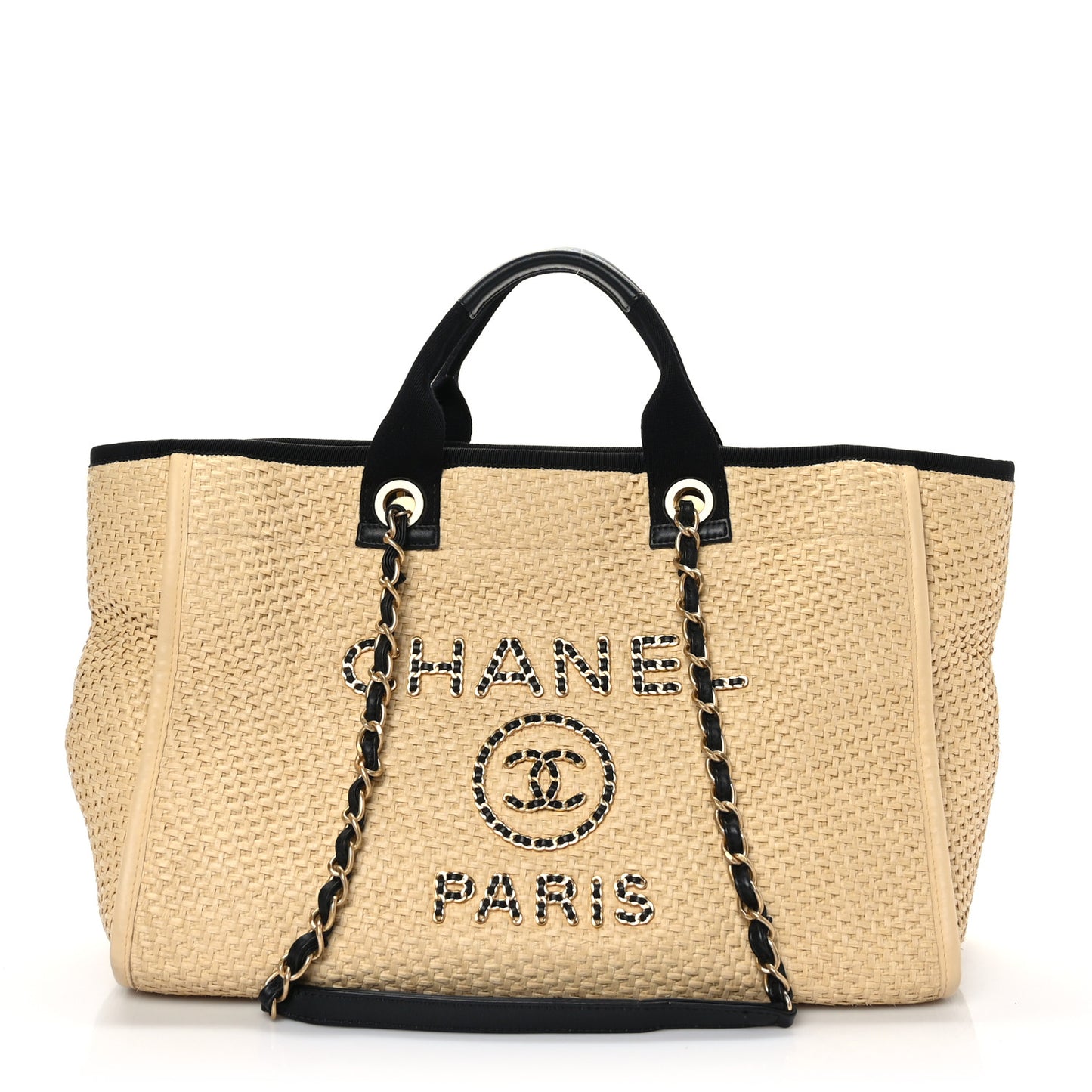Straw Raffia Calfskin Chain Medium Deauville Tote Beige Black