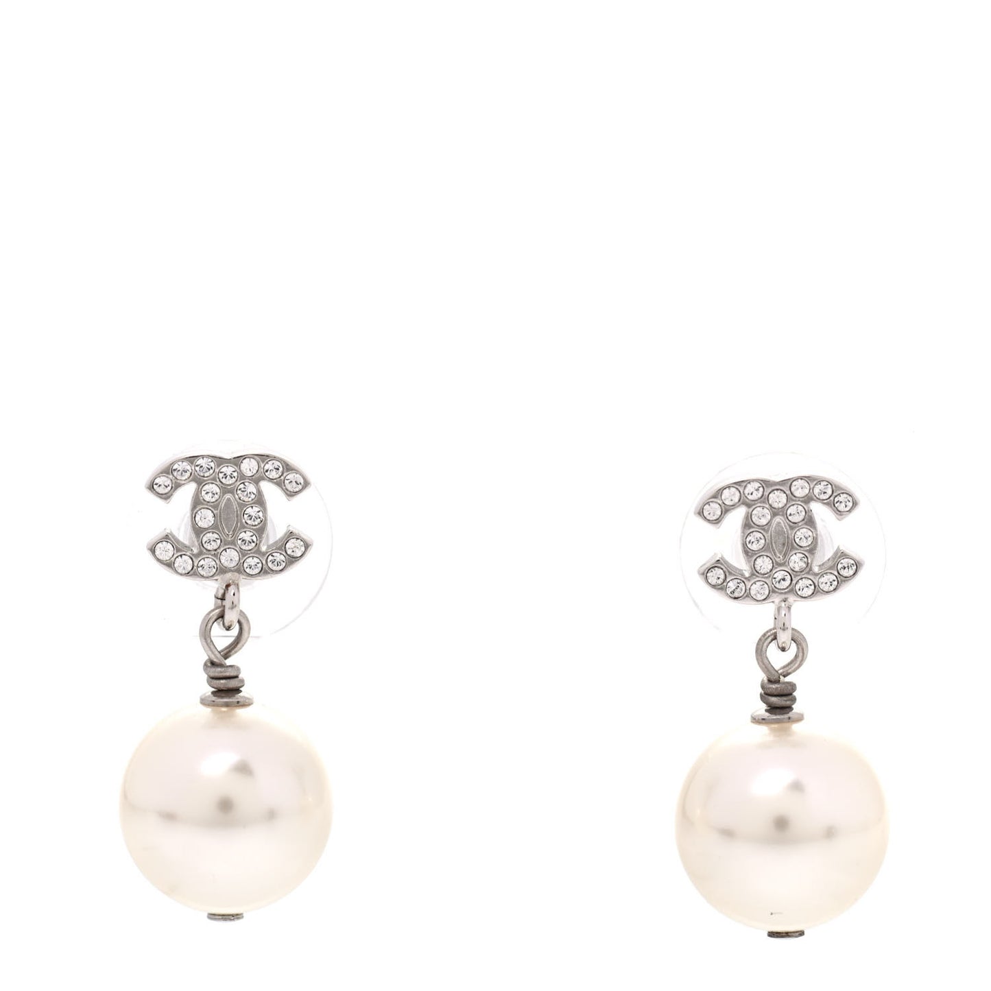 Crystal Pearl CC Drop Earrings Silver