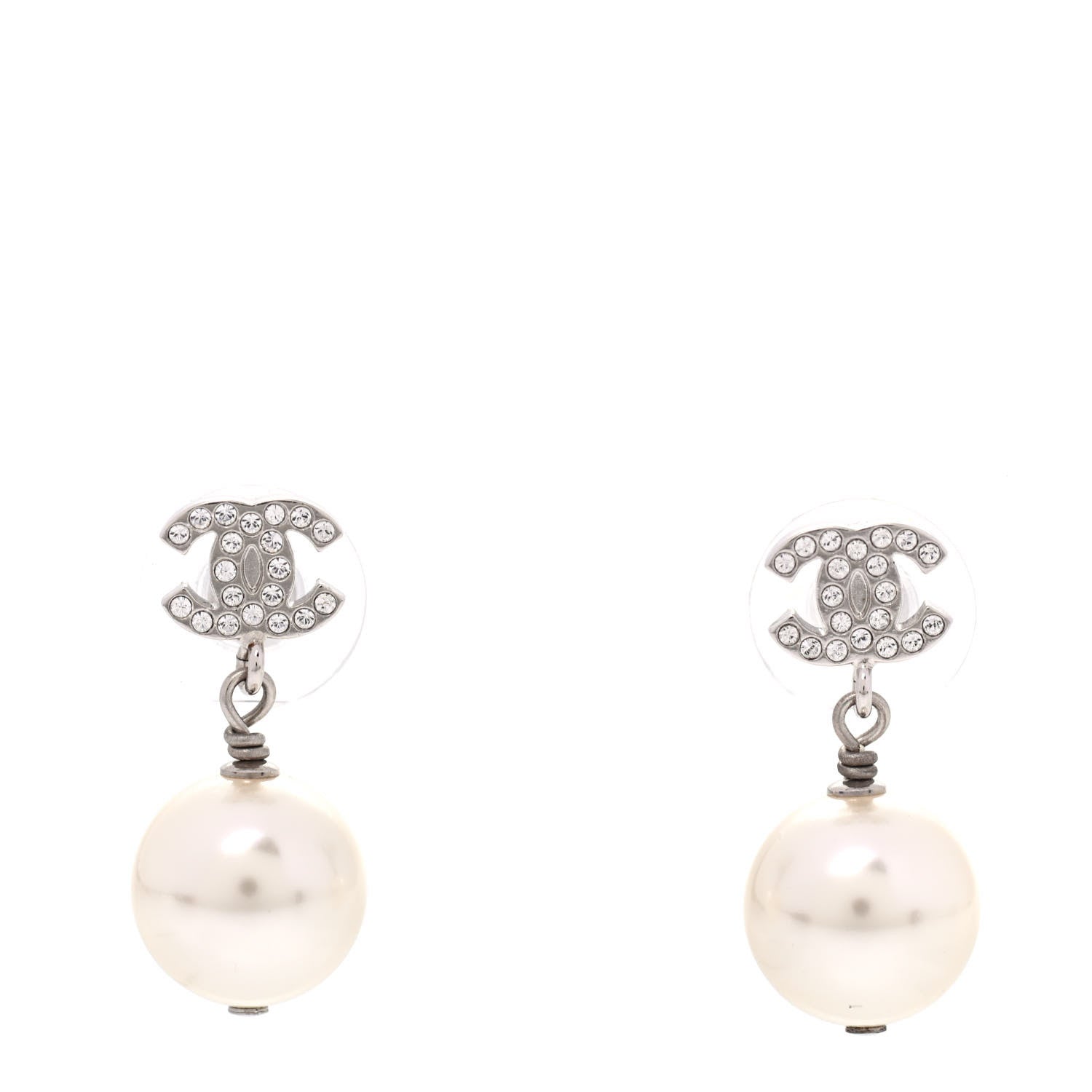 Chanel Crystal Pearl CC Drop Earrings Silver 1 of 4