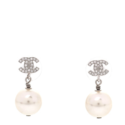 Chanel Crystal Pearl CC Drop Earrings Silver 1 of 4