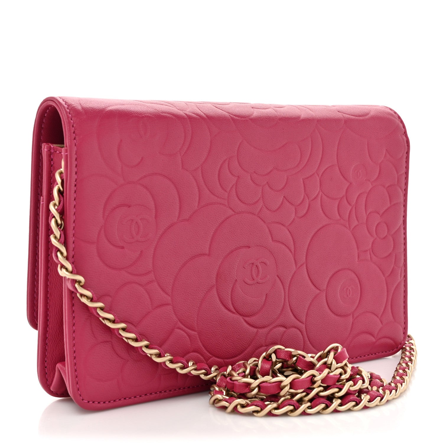 Chanel Lambskin Camellia Embossed Wallet on Chain WOC Pink 3 of 14