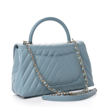 Chanel Caviar Chevron Quilted Small Coco Handle Flap Blue 3 of 11