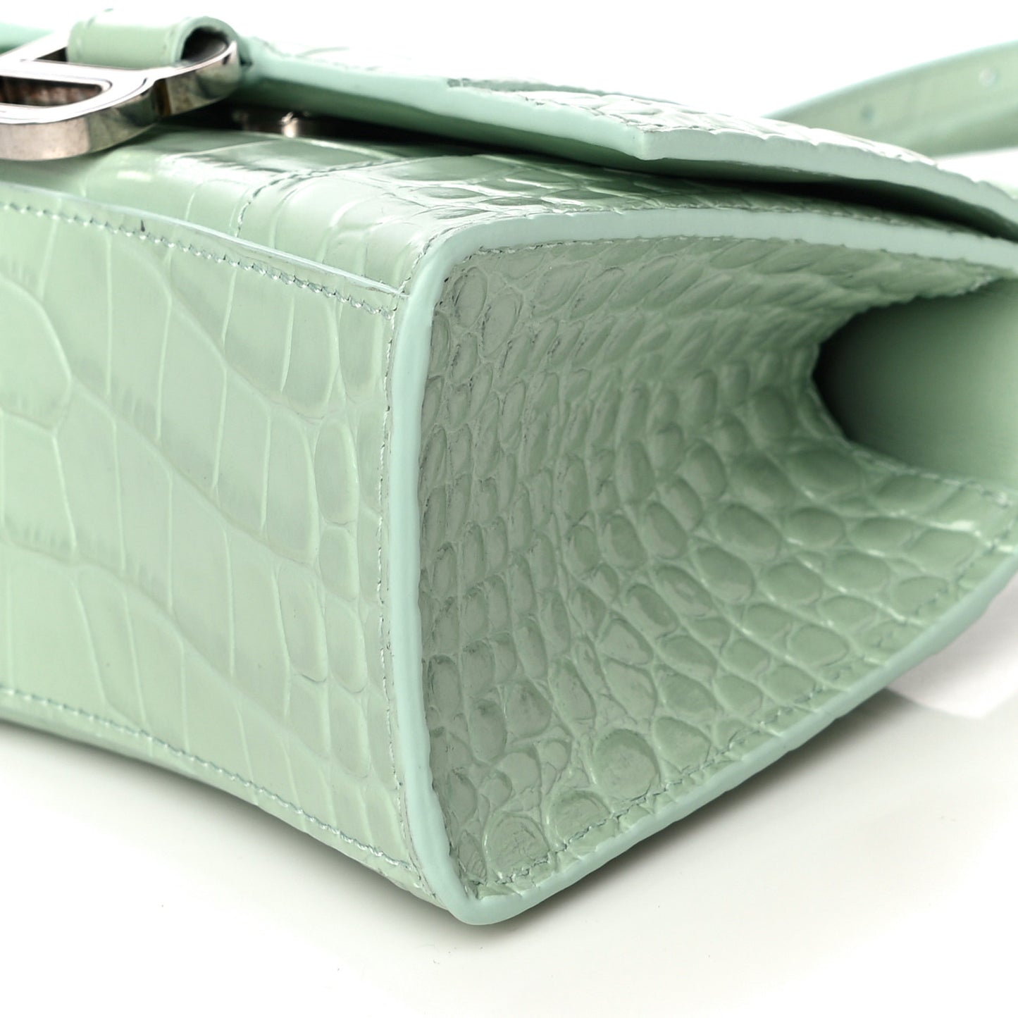 Shiny Calfskin Crocodile Embossed Hourglass Top Handle Bag XS Light Green