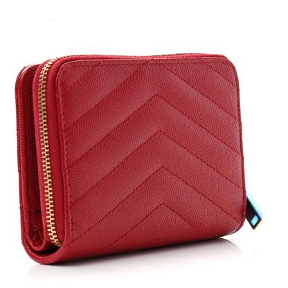 Saint Laurent Grain De Poudre Matelasse Chevron Monogram Compact Zip Around Wallet Red 3 of 7